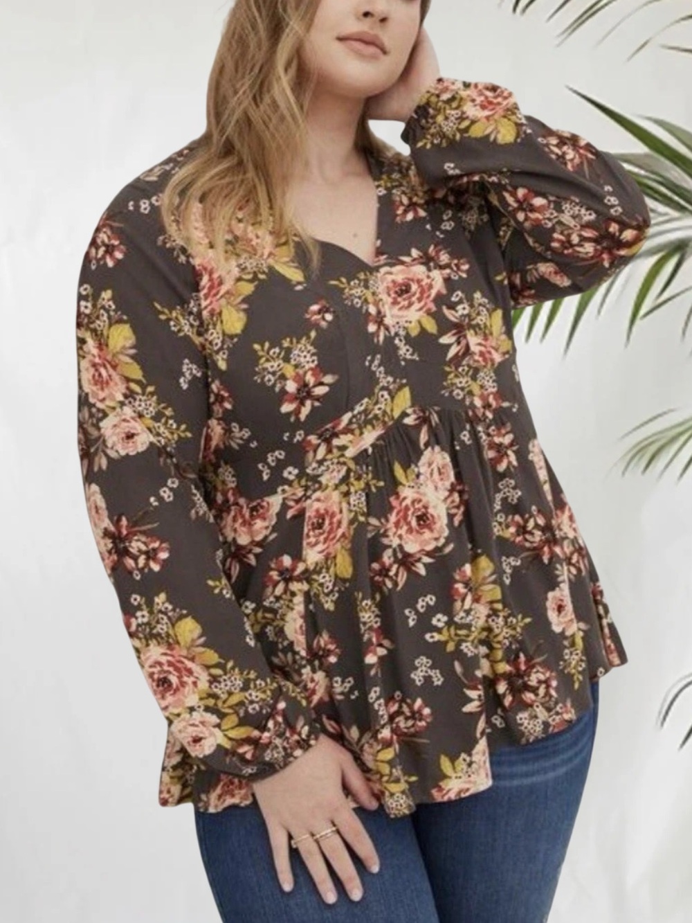 Torrid Floral Babydoll Blouse 1 1X Long Sleeve V Neck Grey Rayon Crepe Top Boho